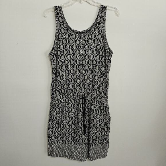Lou & Grey Blouson Drop Waist Tank Dress Drawstring Waist Black White Pockets M - Picture 1 of 12